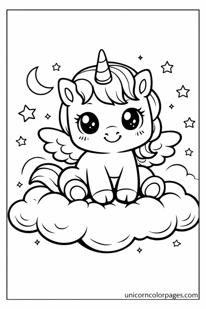 baby unicorn coloring page printable pdf for kids cute unicorn sitting on cloud with stars