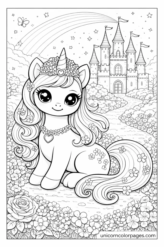 unicorn princess with castle background and flowers for kids