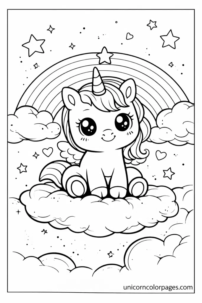 unicorn rainbow coloring page printable pdf cute baby unicorn sitting on cloud with rainbow for kids