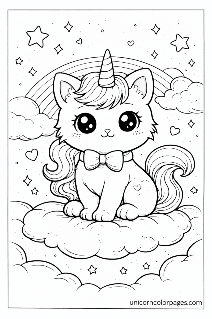 unicorn kitty coloring page printable pdf cute caticorn sitting on cloud with rainbow and stars