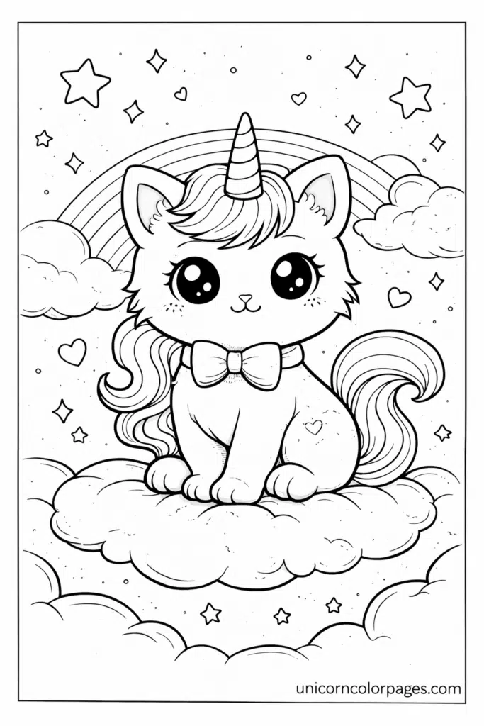 unicorn kitty coloring page printable pdf cute caticorn sitting on cloud with rainbow and stars