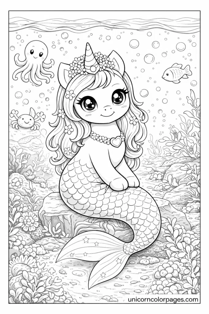 mermaid unicorn coloring page printable pdf cute unicorn mermaid with octopus fish and ocean background