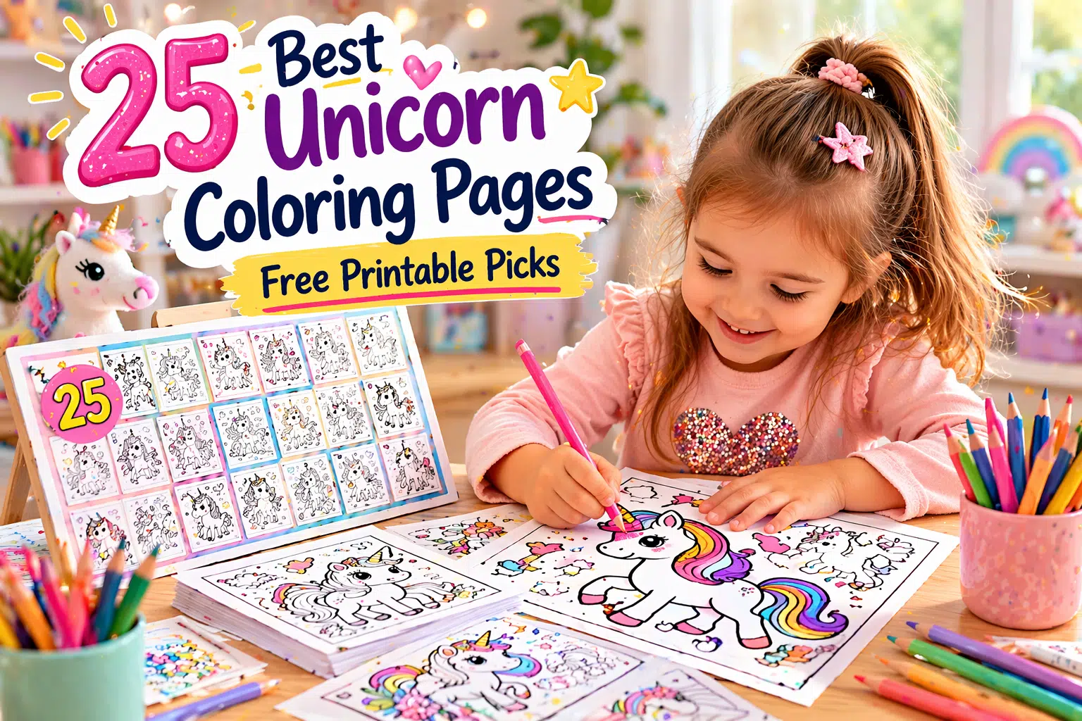 Girl holding unicorn coloring page with “25 Best Unicorn Coloring Pages” text