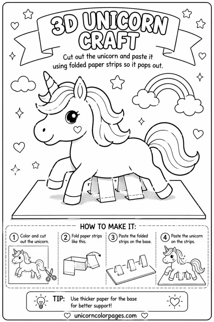 3D unicorn craft coloring page showing a unicorn popping up using folded paper strips with step-by-step instructions.