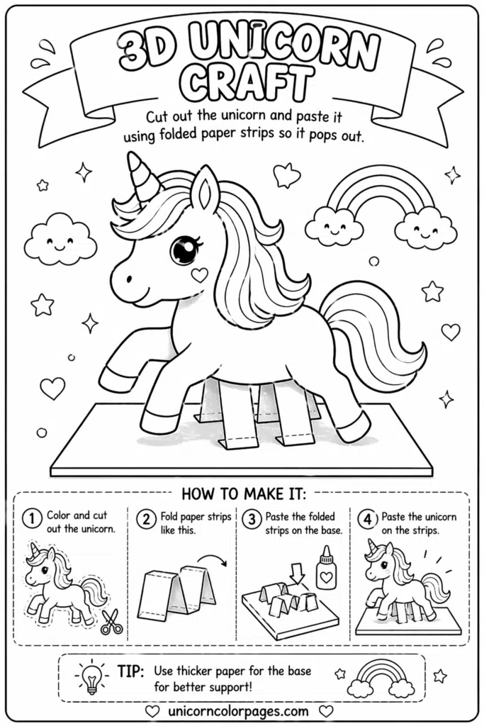 Unicorn craft coloring page with cut-and-paste 3D effect tutorial and playful doodles.