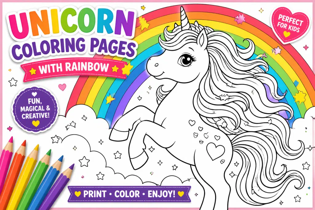 Unicorn coloring pages with rainbow and flowing mane unicorn illustration.