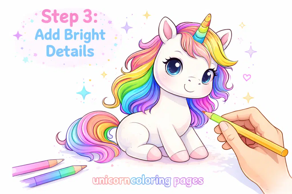 Unicorn with bright rainbow mane and tail