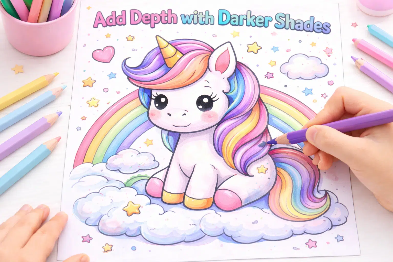 Child adding darker shades to unicorn coloring page with colored pencils for depth and shading