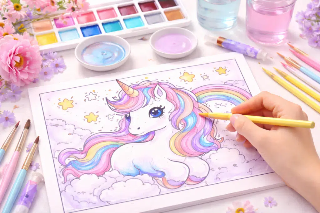 Hand adding details to a unicorn coloring page, focusing on the mane and small elements.