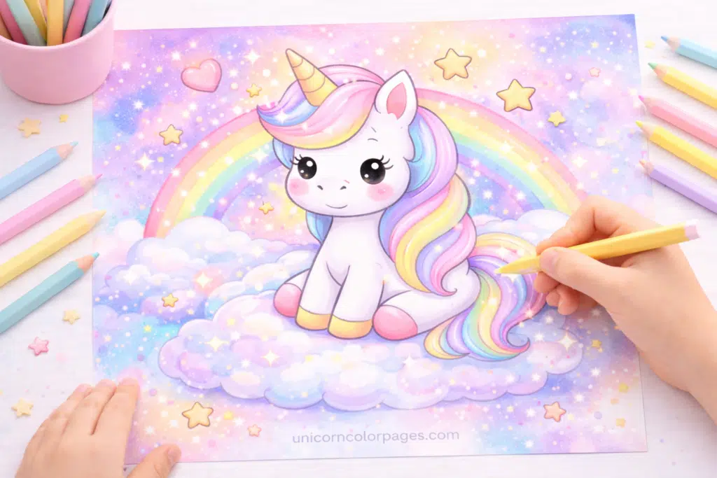 Child adding sparkles and stars to a pastel unicorn coloring page with a bright, colorful background.