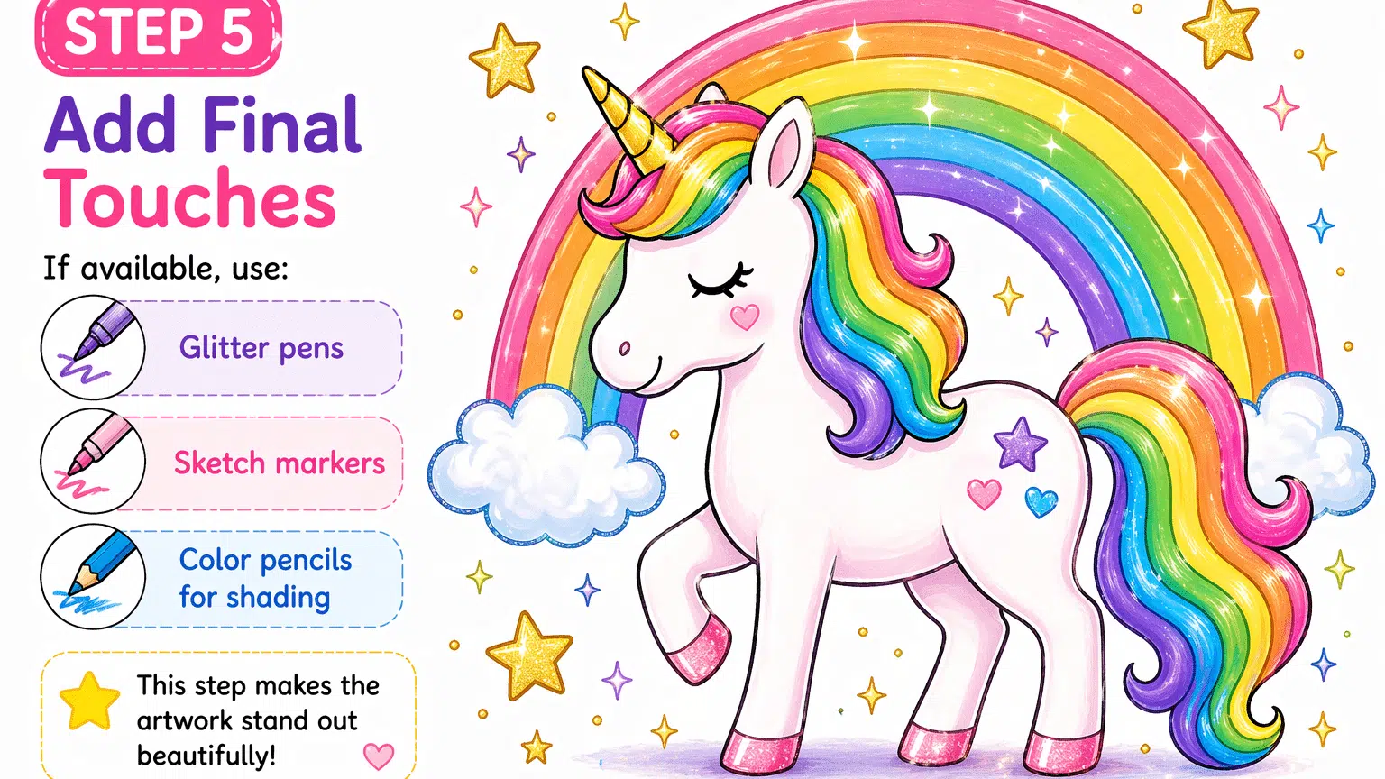Final unicorn coloring page with glitter and shading in step 5 coloring tutorial.