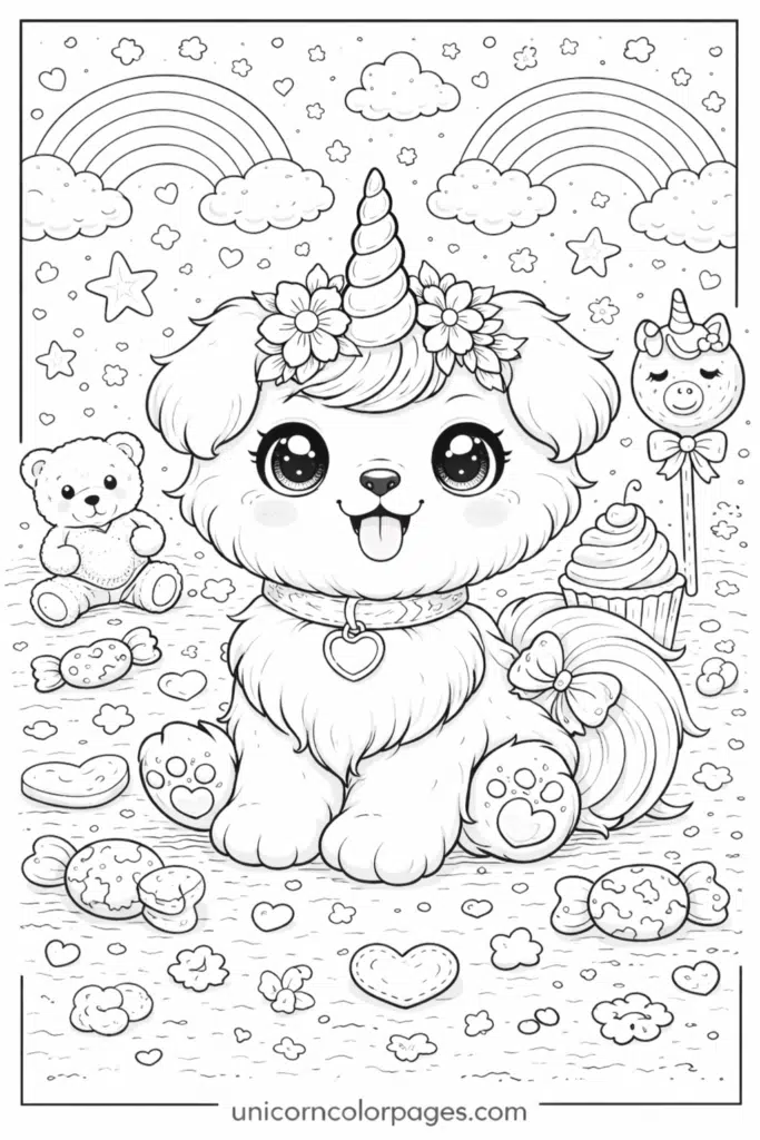 unicorn puppy coloring page printable adorable puppy unicorn with sweets candies stars and rainbow unicorncolorpages.com