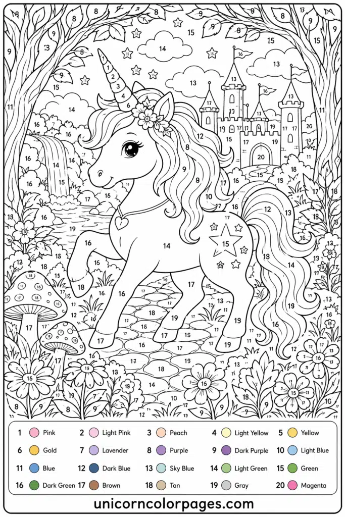 Advanced unicorn color by number page with forest, waterfall, and numbers 1–20