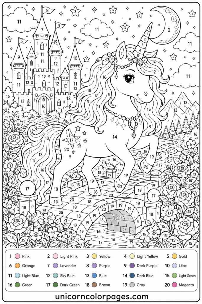 Advanced unicorn color by number printable with castle, moon, and detailed background