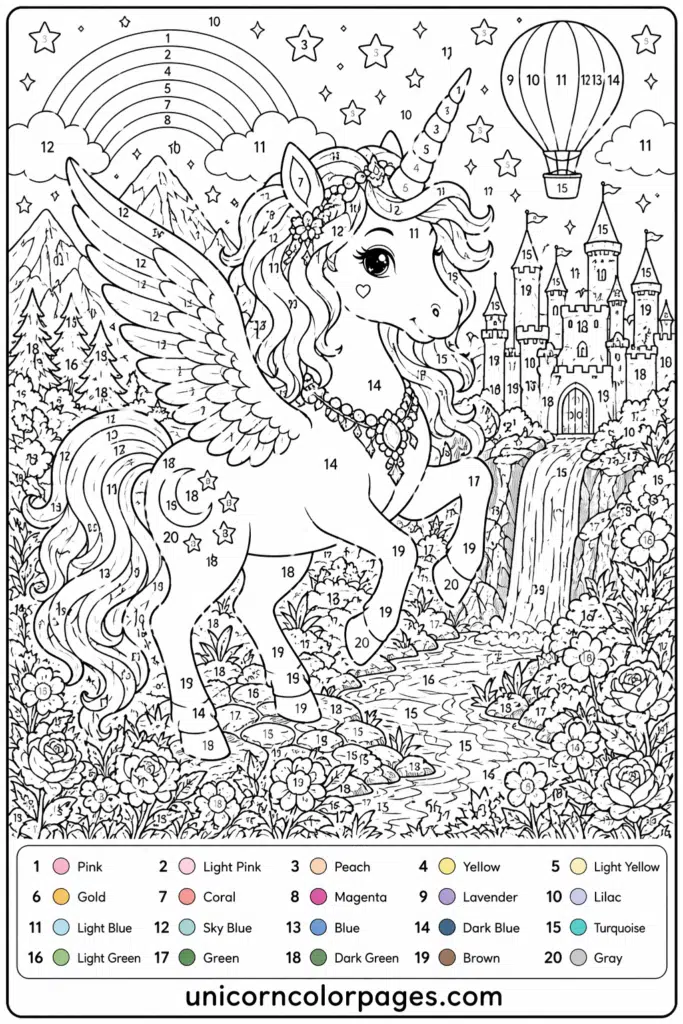Hard unicorn color by number worksheet with wings, castle, rainbow, and landscape