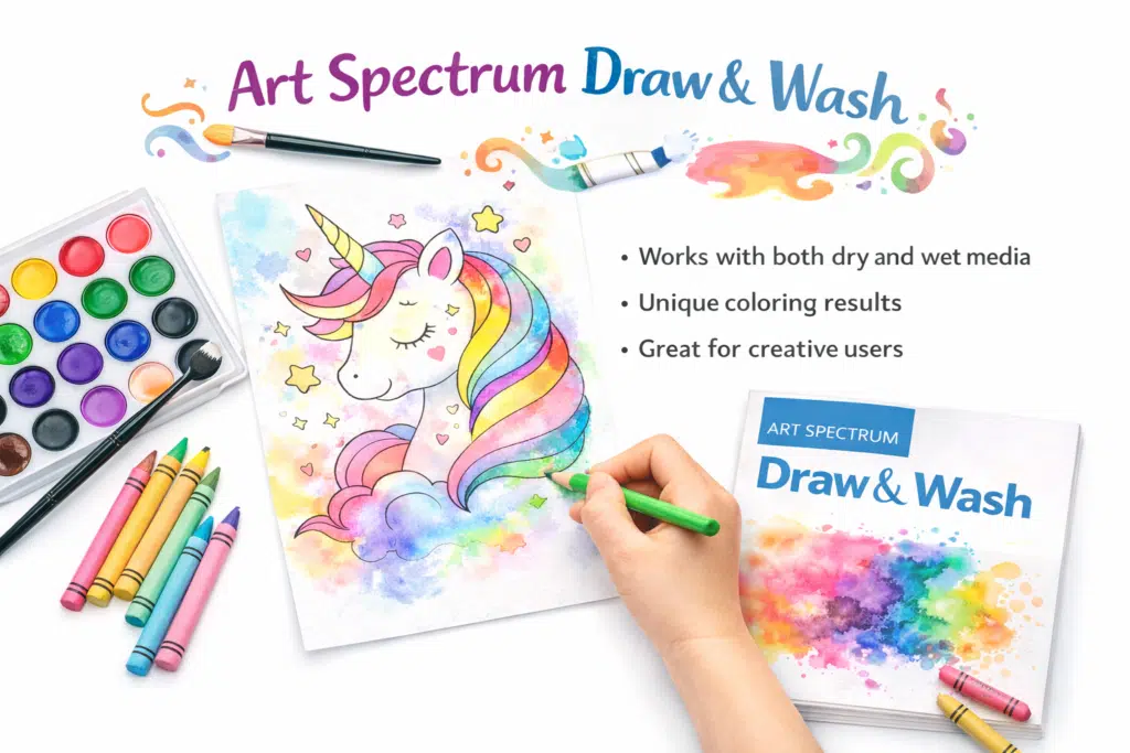 Art Spectrum Draw and Wash paper with unicorn coloring page showing mixed media results