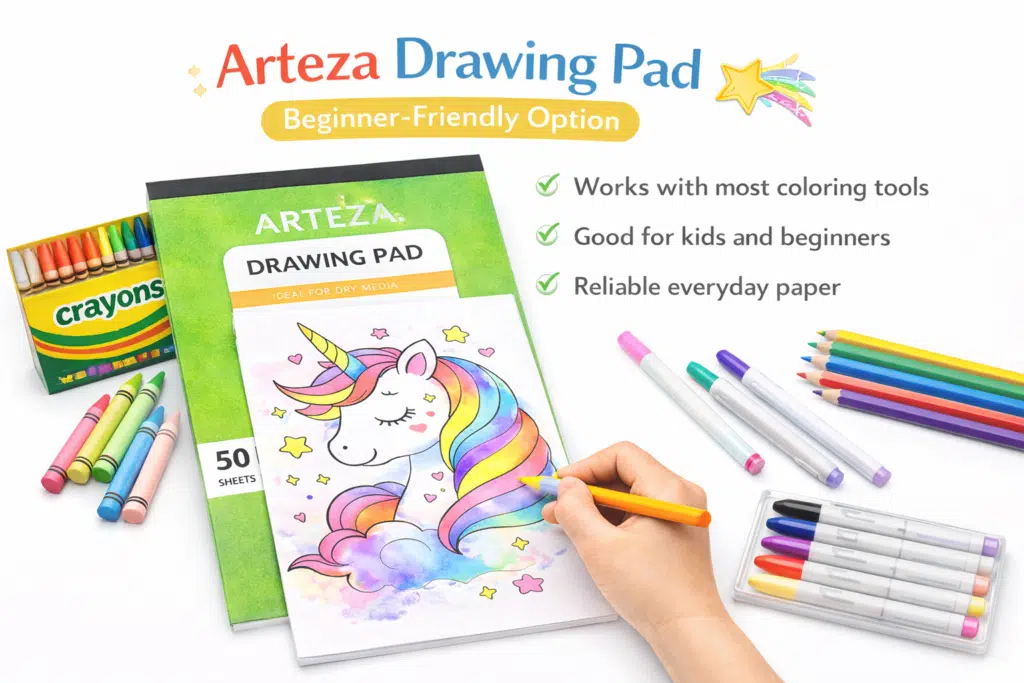 Arteza Drawing Pad with unicorn coloring page showing beginner-friendly coloring with crayons and markers