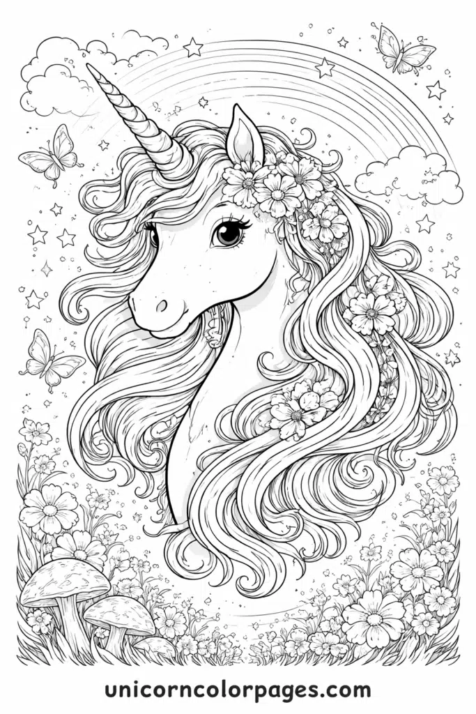 Artistic unicorn face with flowing floral mane, stars, and butterflies coloring page.
