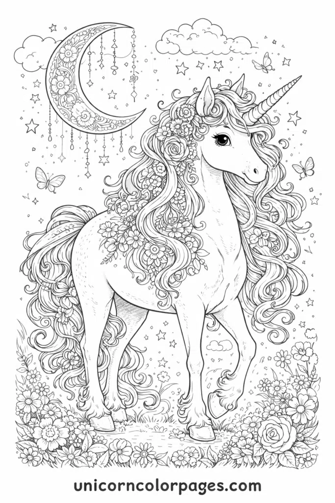 Full body unicorn with floral patterns under a crescent moon coloring page.