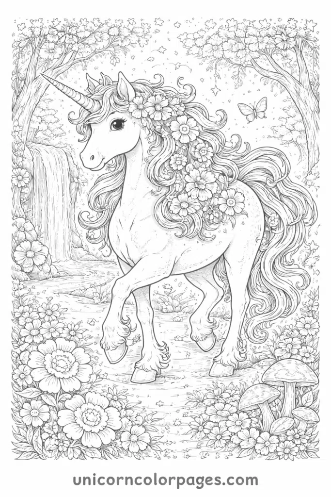 Artistic unicorn sketch with intricate patterns and magical background coloring page.