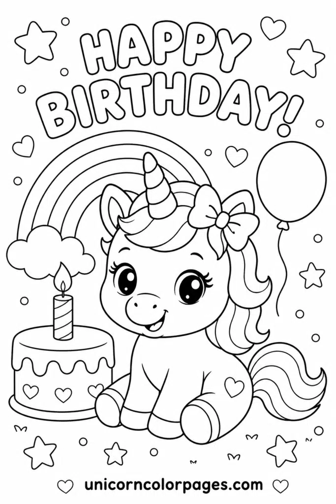Baby unicorn birthday coloring page with cake, rainbow, and balloon