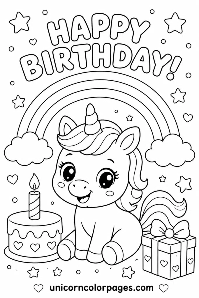Simple baby unicorn birthday coloring sheet with stars and cake