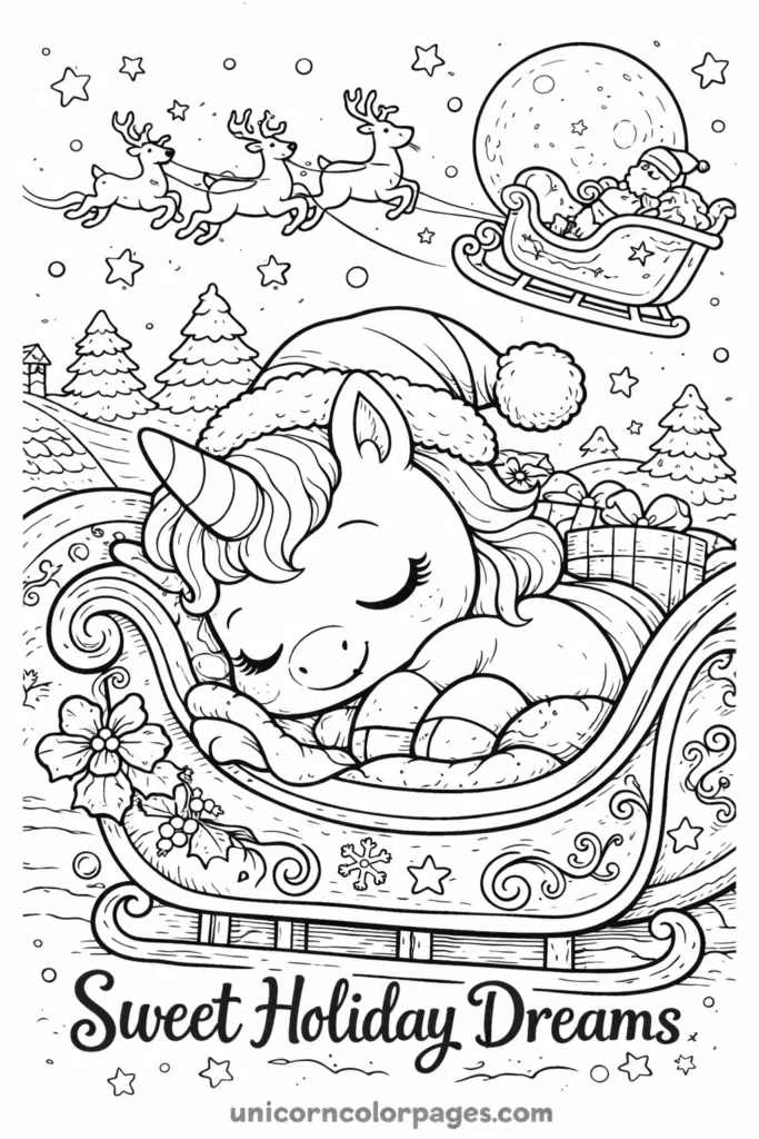 Sleeping baby unicorn in sleigh Christmas coloring page