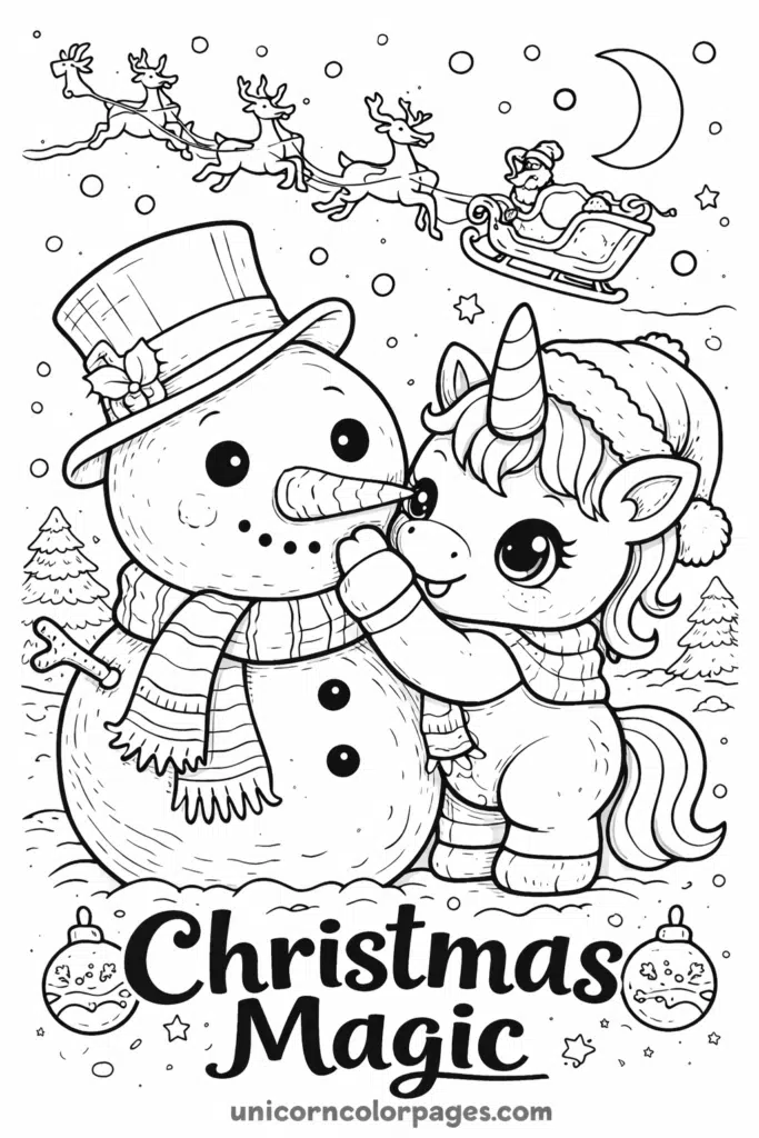 Baby unicorn and snowman Christmas coloring page with Santa sleigh