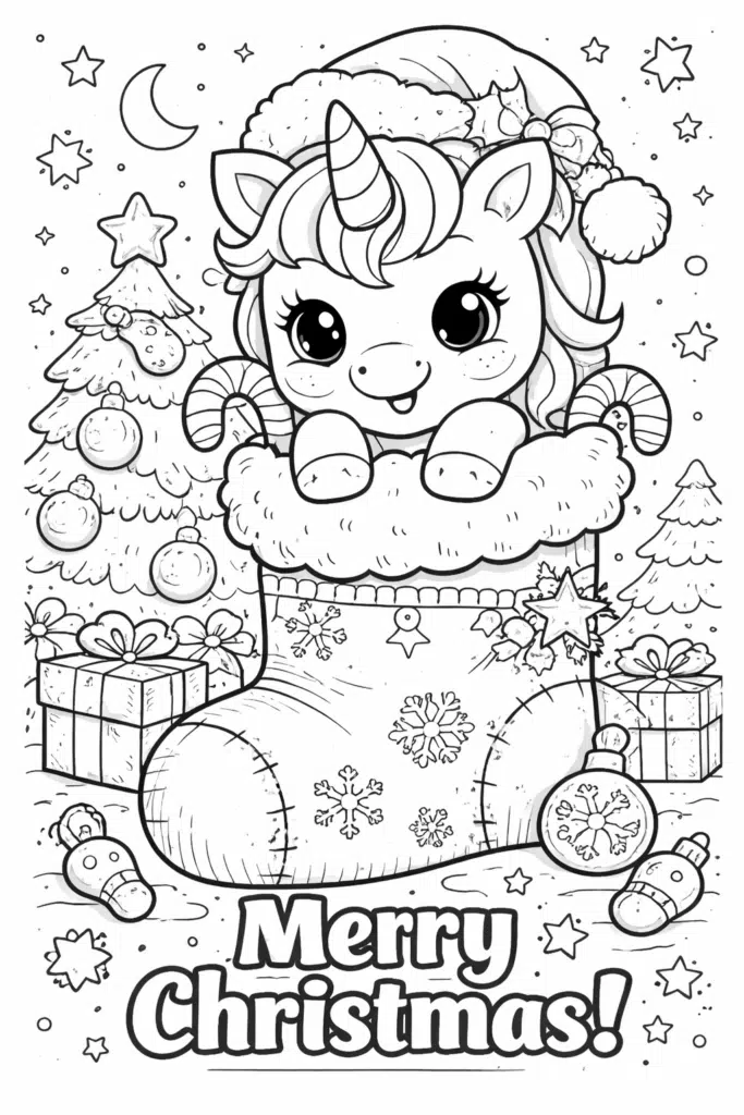 Baby unicorn in Christmas stocking coloring page with gifts and tree