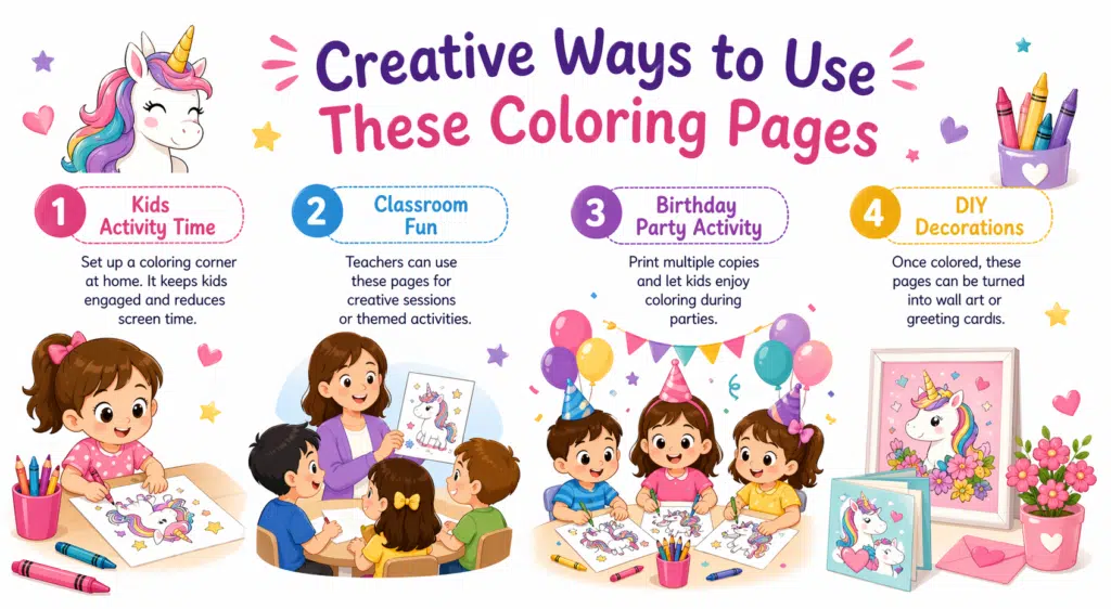 Colorful horizontal banner showing creative ways kids can use unicorn coloring pages at home, school, parties, and DIY crafts.