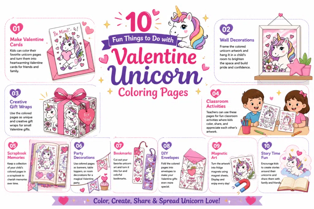 Valentine unicorn coloring pages infographic with 10 creative activity ideas for kids
