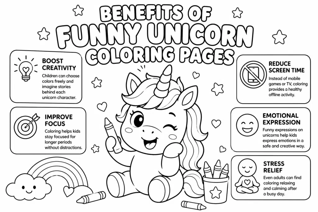 Benefits of funny unicorn coloring pages infographic with cute unicorn illustration