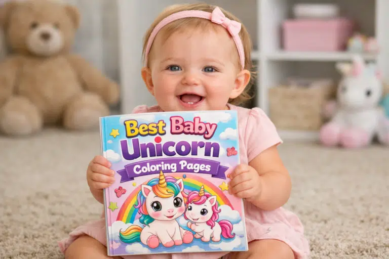 Baby girl holding a “Best Baby Unicorn Coloring Pages” book with a colorful unicorn cover, smiling in a cozy room.