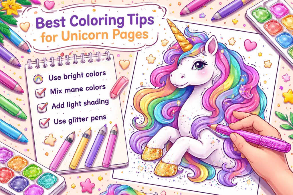 Unicorn coloring page with bright rainbow mane and tips for coloring using colors, shading, and glitter pens