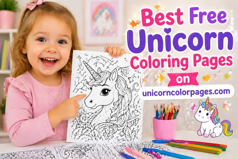Baby girl showing unicorn coloring page with best free unicorn coloring pages on unicorncolorpages