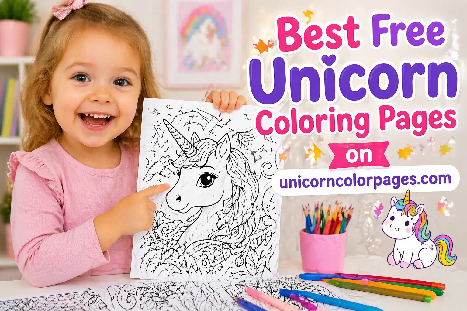 Baby girl showing unicorn coloring page with best free unicorn coloring pages on unicorncolorpages