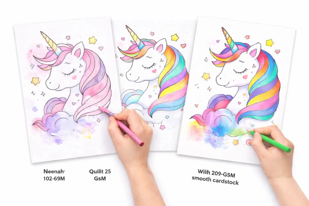 unicorn coloring pages comparison on different paper types showing color vibrancy and texture differences