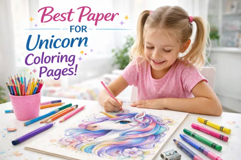 Baby girl coloring a unicorn coloring page on paper with colored pencils