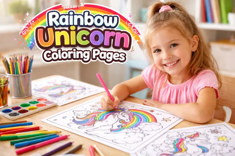 Baby girl coloring best rainbow unicorn coloring pages at table with crayons