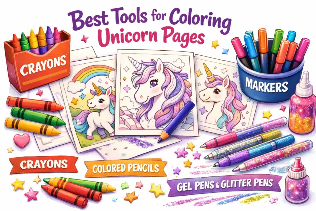 Colorful illustration of unicorn coloring pages surrounded by crayons, markers, colored pencils, and glitter pens on a white background.