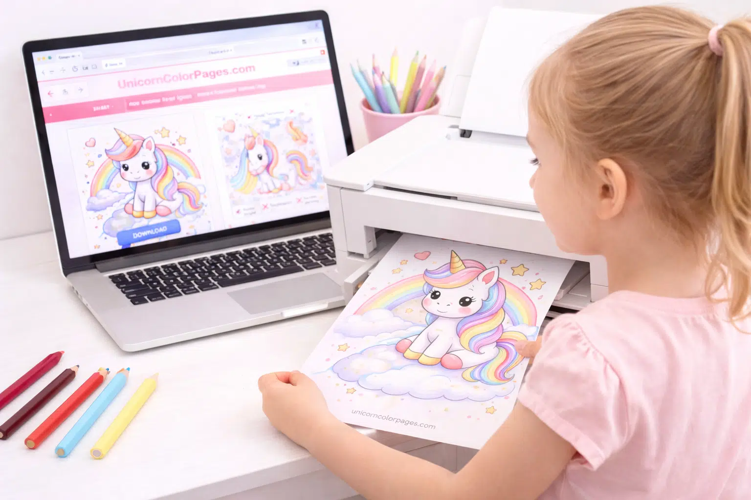 Young girl printing a unicorn coloring page from a laptop and printer at home.