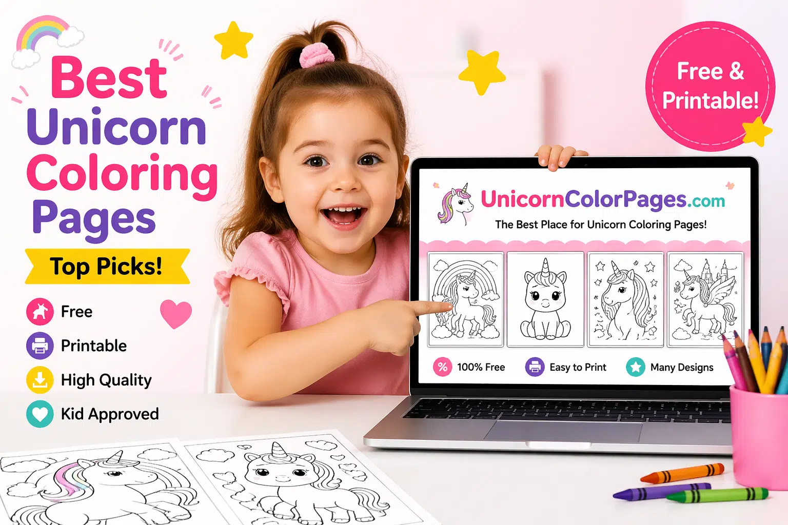 Smiling baby girl pointing at laptop showing best unicorn coloring pages free printable designs for kids
