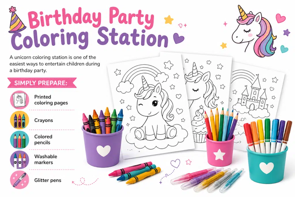 Birthday party unicorn coloring station infographic with coloring pages, crayons, markers, colored pencils, and glitter pens on a white background.