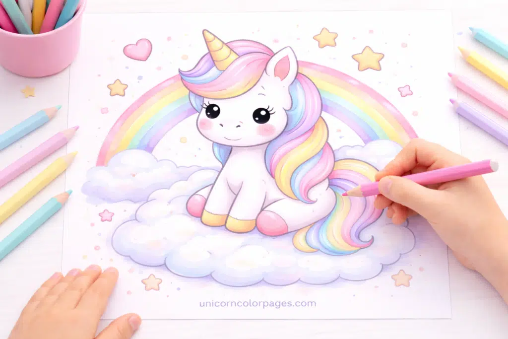 Cute pastel unicorn sitting on a cloud with a rainbow, gently being colored with pencils in a soft, blended style.