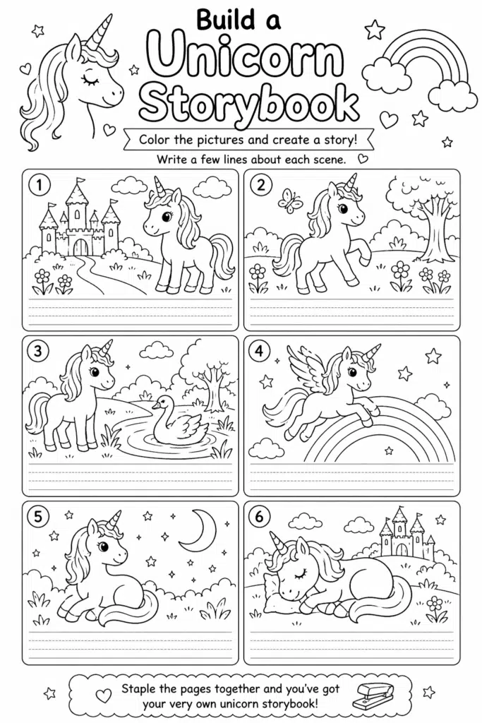 Unicorn storybook coloring page with six panels and writing lines for kids.