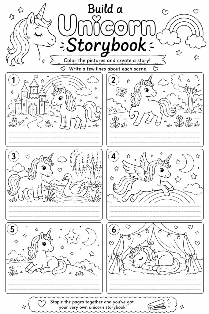 Build a unicorn storybook coloring worksheet with multiple scenes and text space.