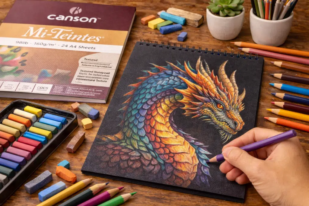 Hand shading a colorful dragon illustration on textured Canson Mi-Teintes paper with pencils and pastels.