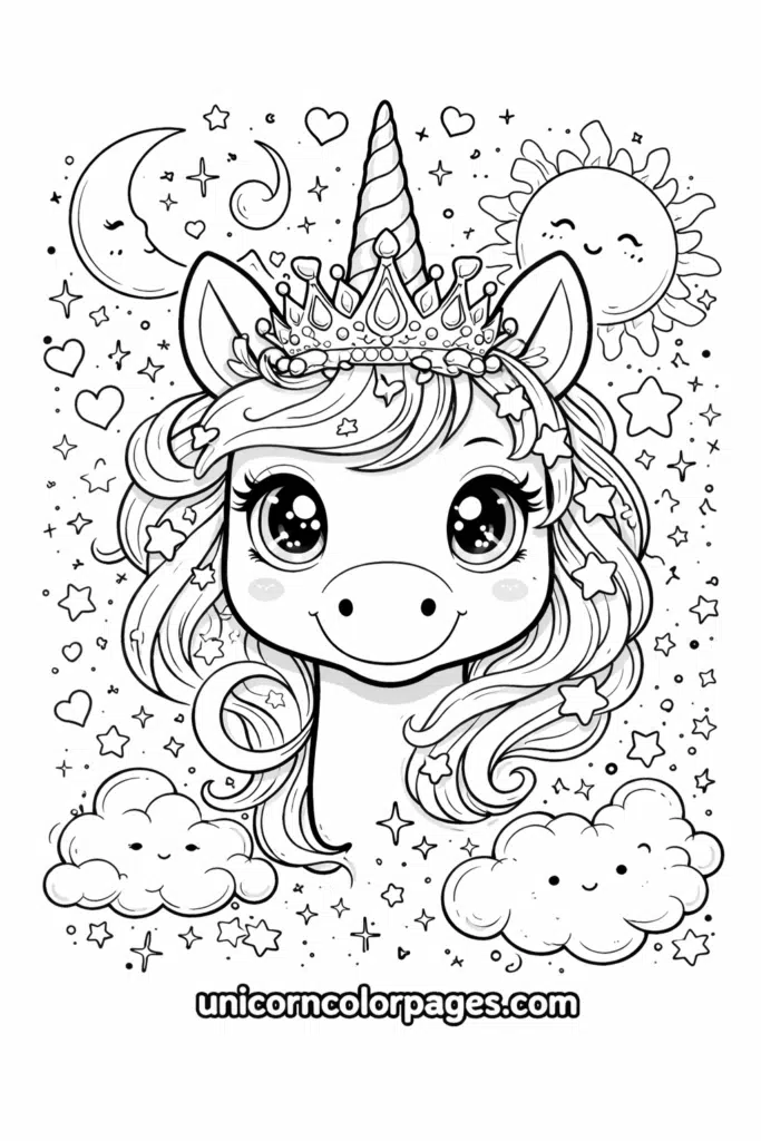 Cartoon unicorn face coloring page with crown, moon, sun, stars, and curly flowing mane.