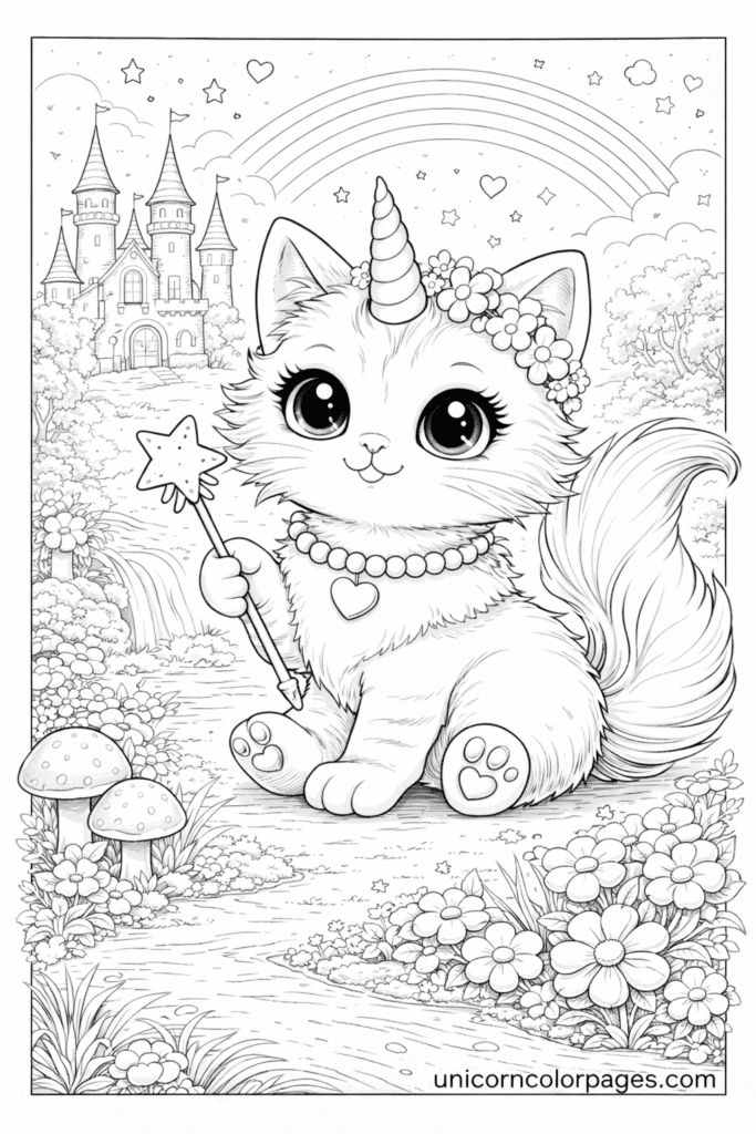 cat unicorn coloring page printable pdf cute caticorn with wand flowers and castle background for kids