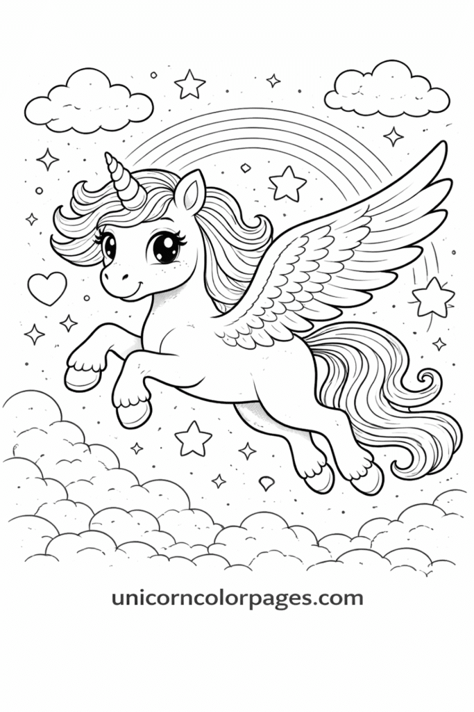 Unicorn with wings coloring page printable with cute face, stars and hearts for kids